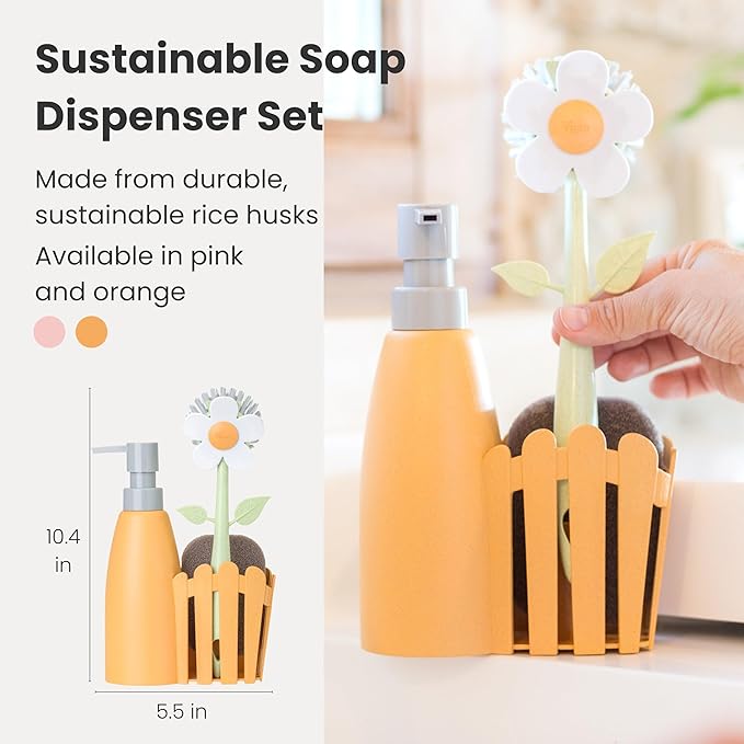 Vigar Florganic Kitchen Sink Caddy Set with Dish Soap Dispenser - Sponge Holder, Decorative Flower Dish Brush & Sponge, Kitchen Sink Organizer, Brush Holder and Soap Caddy for Countertop - Orange