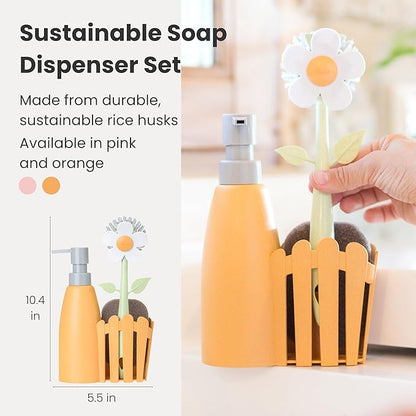 Vigar Florganic Kitchen Sink Caddy Set with Dish Soap Dispenser - Sponge Holder, Decorative Flower Dish Brush & Sponge, Kitchen Sink Organizer, Brush Holder and Soap Caddy for Countertop - Orange