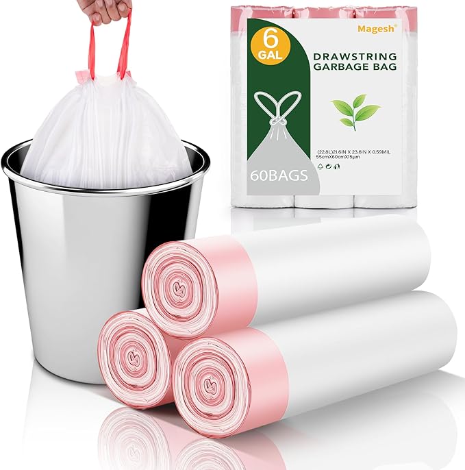 6 Gallon Trash Bags Drawstring - White Medium Kitchen Garbage Bags Plastic Unscented 60 Count 22.5 Liter Recycling Office Bathroom Waste Basket Liners Strong Thick Bulk Magesh