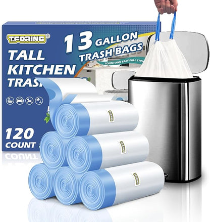 13 Gallon Trash Bags Drawstring 120 Count, 1.7 Mil Thick White Garbage Bags, Easy-Dispense Roll for Kitchen & Household Use, Resists Tears, Leaks and Punctures