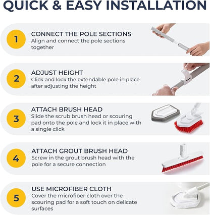 Shower Scrubber with Long Handle, Stiff Bristles Grout-Brush, Tub Scrub-Brush with Long-Handle, Shower-Cleaner Brush, Grout Cleaning Brush for Tile floors, Scouring Pad & Microfiber Cloth for Bathroom