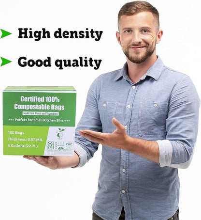 Compostable Bags 6 Gallon Food Scraps Yard Waste Bags, 50 Count, Extra Thick 0.87 Mil. ASTMD6400 Compost Bags Small Kitchen Trash Bags, Certified By BPI And TÜV AUSTRIA
