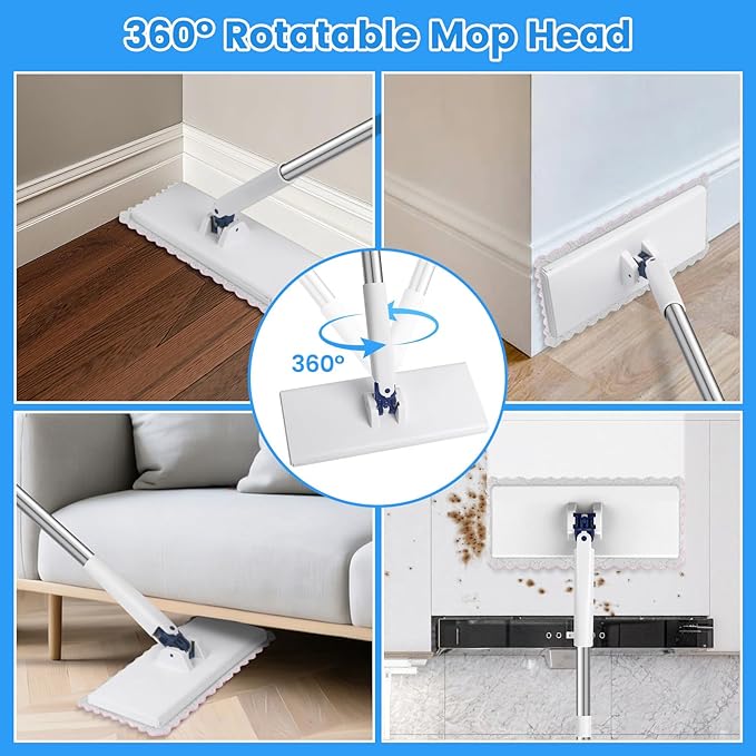 Snap Grip Mini Mop with 6 Washable Pads, Dust Mop Household Items for Wall Window Ceiling, Lazy Dry Wet Mops for Floor Cleaning for Home Kitchen Bathroom, Zero-Touch Flat Floor Mops with 47" Handle