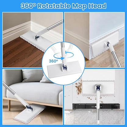 Snap Grip Mini Mop with 6 Washable Pads, Dust Mop Household Items for Wall Window Ceiling, Lazy Dry Wet Mops for Floor Cleaning for Home Kitchen Bathroom, Zero-Touch Flat Floor Mops with 47" Handle