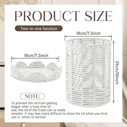 Ctosree 1.3 Gallons Small Wicker Trash Can with Lid Handle Woven Wicker Rattan Bathroom Waste Basket Boho Trash Basket with 100 Plastic Garbage Bags for Bedroom Office Laundry (Scalloped Style, White)