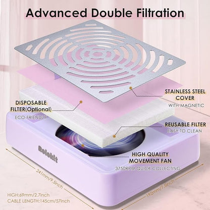 Nail Dust Collector with Lamp&50pcs Disposable Filter&Dusting Brush, Electric Nail Vacuum Cleaner Dust Fan Suction Machine for Manicure Acrylic Gel Nails Polishing, Low Noise, Salon Home