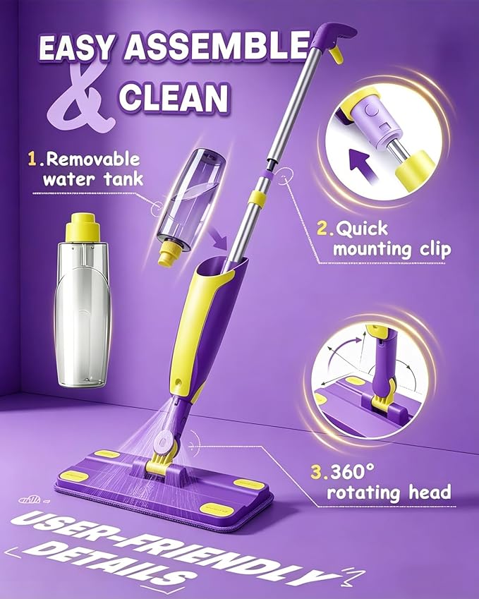 Kids Spray Mop Toddler Cleaning Set with Realistic Spray Bottle, 2 Washable Pads and Scraper, Pretend Play Housekeeping Toy for Boys Girls Age 1-3