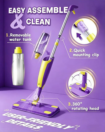 Kids Spray Mop Toddler Cleaning Set with Realistic Spray Bottle, 2 Washable Pads and Scraper, Pretend Play Housekeeping Toy for Boys Girls Age 1-3