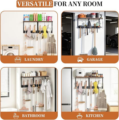 Wall Mounted Broom Holder & Utility Rack | Heavy-Duty Tool Organizer for Garage, Laundry Room & Kitchen | Space-Saving Storage with Shelf for Cleaning Supplies, Vacuums & Tools