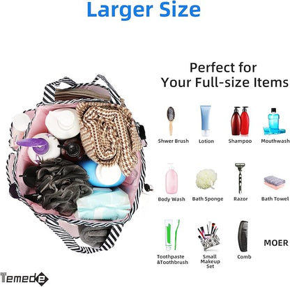 Temede Mesh Shower Caddy Tote, Large Shower Caddy Basket Portable, Quick Dry Hanging Toiletry Bag, 8 Storage Pocket Bath Organizer for College Dorm Room, Gym, Bathroom, Camp, Travel (Pink+Stripes)