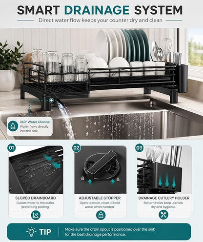 Premium Expandable Dish Drying Rack with Drainboard – 2-in-1 Large Capacity Countertop & Over-Sink Dish Rack, Rust-Resistant Metal