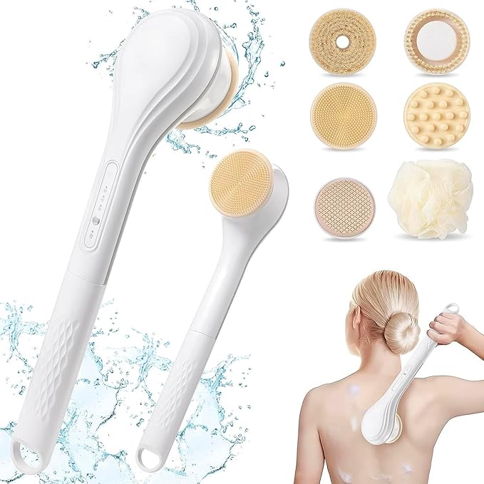 Electric Body Brush Rechargeable Back Scrubber for Shower Exfoliating Bath Brush Long Handle for Shower Lotion Applicator for Back Silicone Body Scrubber with 6 Shower Brush Heads