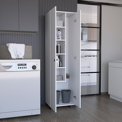 DEPOT E-SHOP Attica Broom Cabinet Double-Door Design with Inner Shelves and Side Hangers, White