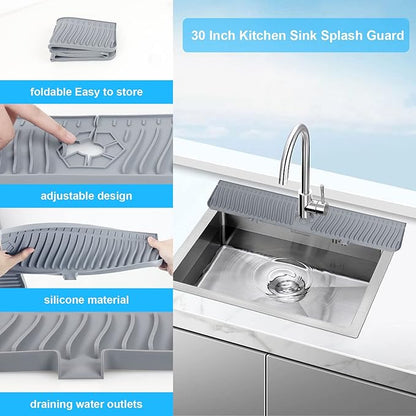 Derlights 30 inch Sink Splash Guard Mat,Silicone Faucet Handle Drip Catcher Tray, Longer Silicone Sink Mat for KitchenBathroom, Drip Protector Splash Countertop (gray)