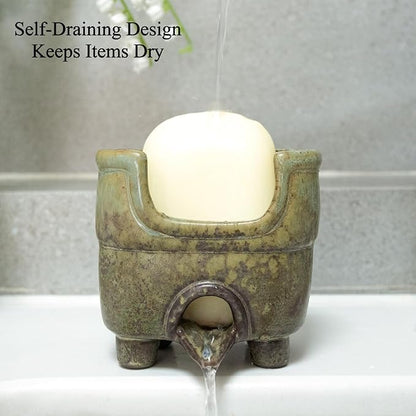 Ceramic Sponge Holder with Drainage, Rustic Farmhouse Sink Caddy Organizer, Self Draining Sponge Dish for Scrubbers, Soap & Brushes, Compact Kitchen Accessory, Keeps Counter Dry (Avocado)