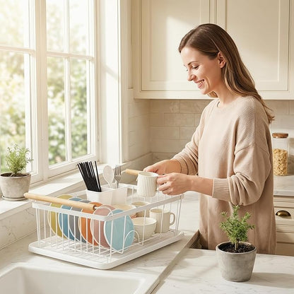 Dish Racks for Kitchen Counter, Thickened Metal Dish Drying Rack with Wooden Handles, Kitchen Countertop Organizer for Dishes, Spoons and Forks, No Assembly, White, 18.7''*12.6''*5.51''