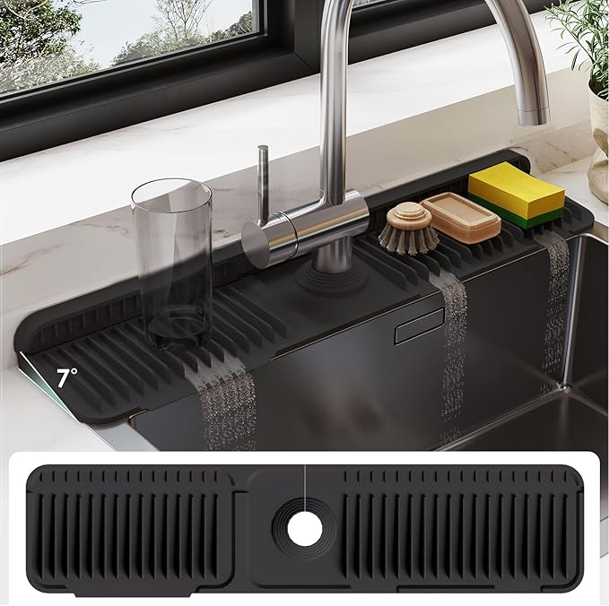 24 Inch Silicone Faucet Mat for Kitchen Sink Splash Guard - 7° Slope Water Draining Mat With Fasten Button for Bathroom Area (Black, 24''x5.5'')