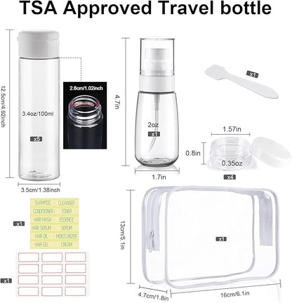 Travel Bottles for Toiletries 9 PCS 3.4oz TSA Approved Travel Size Containers Leak Proof Plastic Squeeze Bottle Small Cream Jars & Refillable Spray Bottle for Shampoo Conditioner Toner(Clear)