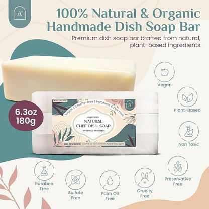 Natural Dish Soap Bar, Cleaning Dishes Solid Block for Kitchen - Organic Biodegradable Dishwashing, only 4 Ingredients, Gentle on Hands - Unscented (1 Pack, 6.3oz)