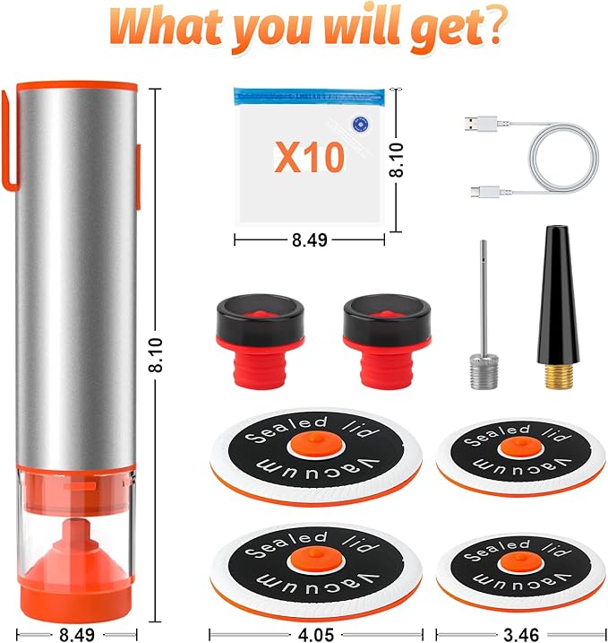 Handheld Vacuum Sealer, Portable Cordless Food Sealer with 60kPa Suction, Rechargeable Mini Vacuum Sealer for Food Storage, Sous Vide, Mason Jars - Includes 10 Reusable Bags