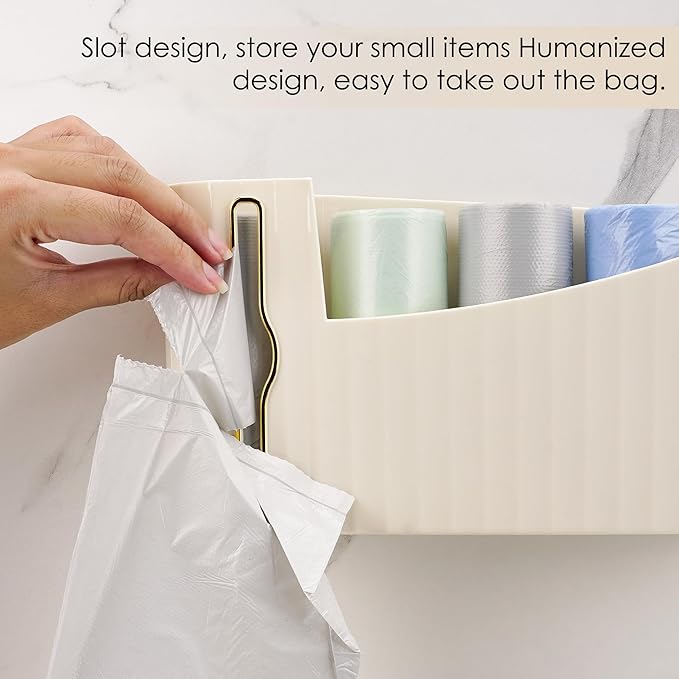 Wall Mount Trash Bag Dispenser, Plastic Grocery Holder for Kitchen Cabinet, Adhesive Garbage Organizer with Divider & Gold Slot, No Drill Storage Box (Beige)