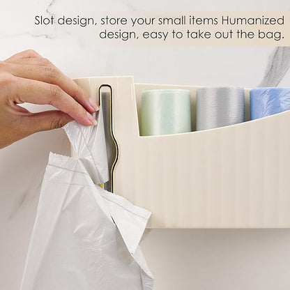 Wall Mount Trash Bag Dispenser, Plastic Grocery Holder for Kitchen Cabinet, Adhesive Garbage Organizer with Divider & Gold Slot, No Drill Storage Box (Beige)
