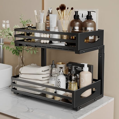Under Sink Organizer, 2 Tier Under Sink Organizers and Storage, Adjustable Height, Slide out Metal Cabinet Organizers, Pull out Cabinet Storage Drawer Shelf for Kitchen Bathroom (Black, 1 Pack)