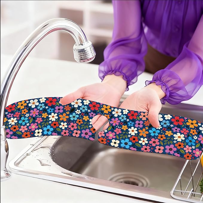2 Pcs Floral Print Kitchen Sink Splash Guard Faucet Mat Plants Floral patterns Faucet Mat for Sinks Absorbing Drying Mats for Kitchen Bathroom, 23.6x5.5inch
