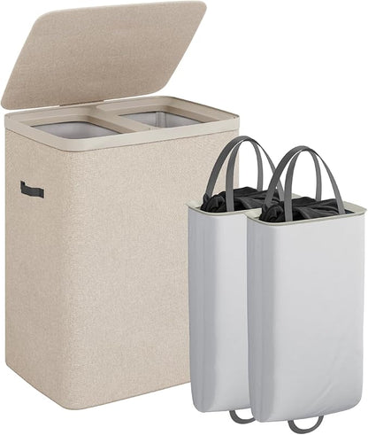 CASAMAYA Laundry Basket with Lid, Laundry Hamper 2 Section, 170L collapsible Laundry Organizer, Easy Assembly, with Handles and Removable Liners, 22 x 15.7 x 29.5 Inches, Beige JSP903M