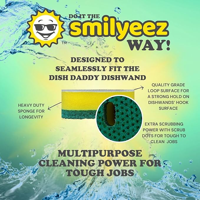Smilyeez Green Dotted Heavy Duty Scrubbing Sponge Refill for use with The Dish Daddy (Reg. TM) Dishwand (10 Pack) – Replacement Head - Ideal for Dishwashing and Kitchen Cleaning