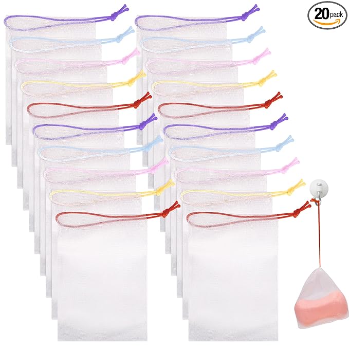 Mozeat Lens 20 PCS Exfoliating Mesh Soap Saver Pouch Bag Mesh Soap Bag Soap Handmade Soap Bubble Mesh Net Bags with Drawstring Mesh Foaming Net Soap Sack Bags for Bath & Shower, Colorful