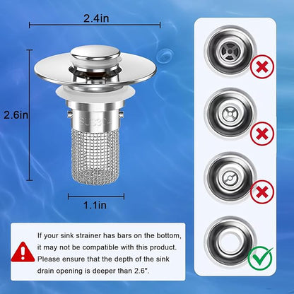 Bathroom Sink Drain Strainer,(2PCS) Pop-up Sink Drain Strainer with Removable Stainless Steel Strainer Basket Hair Catcher, Bathroom Sink Strainer for Bathroom Sink Stopper Replacement