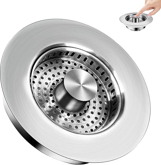 3 in 1 Kitchen Sink Drain Strainer ，304 Stainless Steel Kitchen Sink Stopper and Basket,Long-Term Water Storage，Bass Bounce Core，General，Filter for Standard 3-1/2 inch Drain (2-Pack)