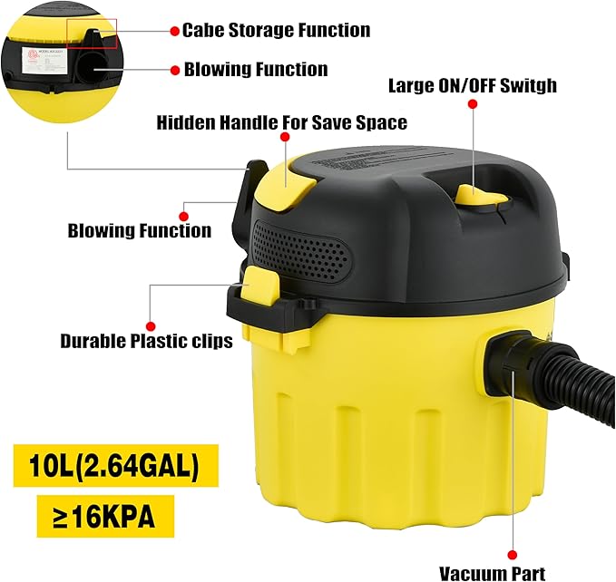 Wet/Dry Vacuum Cleaner, 3-in-1 Portable Workshop Vacuum Cleaner, Lightweight 3-Gallon Wet/Dry Vacuum Cleaner, with Blower Function and Wall-Mount Design, Suitable for All Floor Types.(Low)