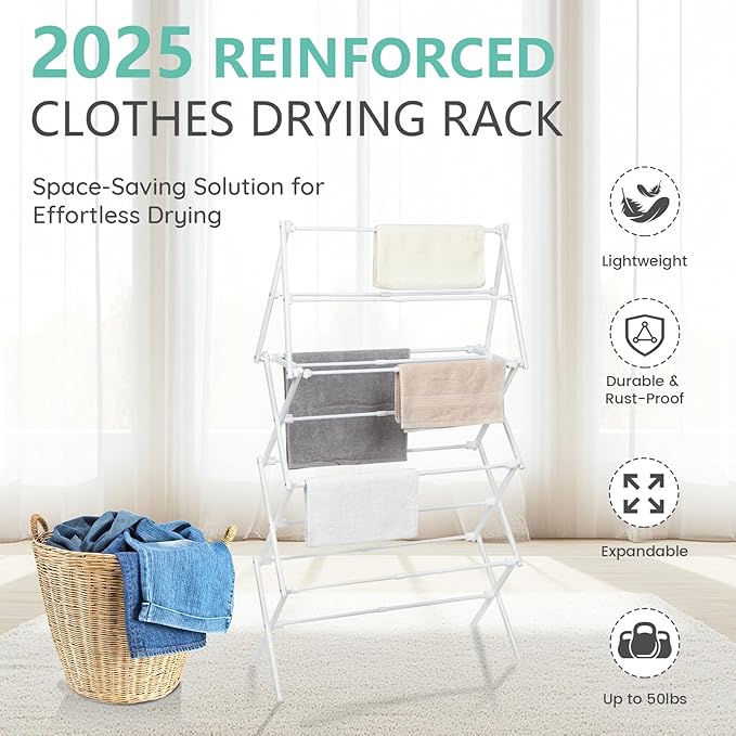 ZOES HOMEWARE 4 Tier Clothes Drying Rack Foldable | Foldable Clothing Drying Rack | Laundry Drying Rack Collapsible for Laundry Room, Dorm, Expandable Sturdy Metal Design | White 29"L x 11.5"W x 53"H