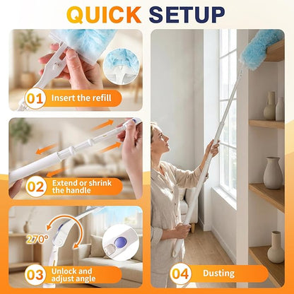 30 Count Duster Refills for Swiffer Duster with Extension Pole, Multisurface 360 Dusters with 3ft and 1 Short Handle, Disposable Dusters for Cleaning Furniture Blinds Fans Wall (Storage Bag Included)