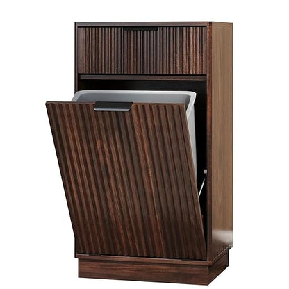 10 Gallon Tilt Out Trash Can Cabinet,Fluted Tilt Out Laundry Hamper Cabinet with Drawer,Wooden Trash can for Kitchen and Living Rooms