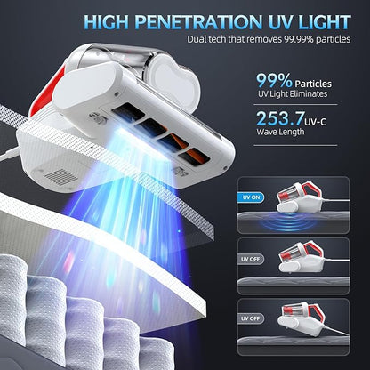 Mattress Vacuum Cleaner, 16Kpa 600W Bed Vacuum Cleaner with 253.7nm UV-C Light & Heating Tech & 40000 RPM/Min Brushroll Rotation, Widened Suction Port, Corded