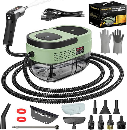 Handheld Steam Cleaner for Home, 2500W High Temperature Pressurized Machine, 1.6L Water Tank, Handle-controlled Steam Output, Portable Cleaning Steamer for Car, Bed Bugs, Furniture (Green, 16 PCS)