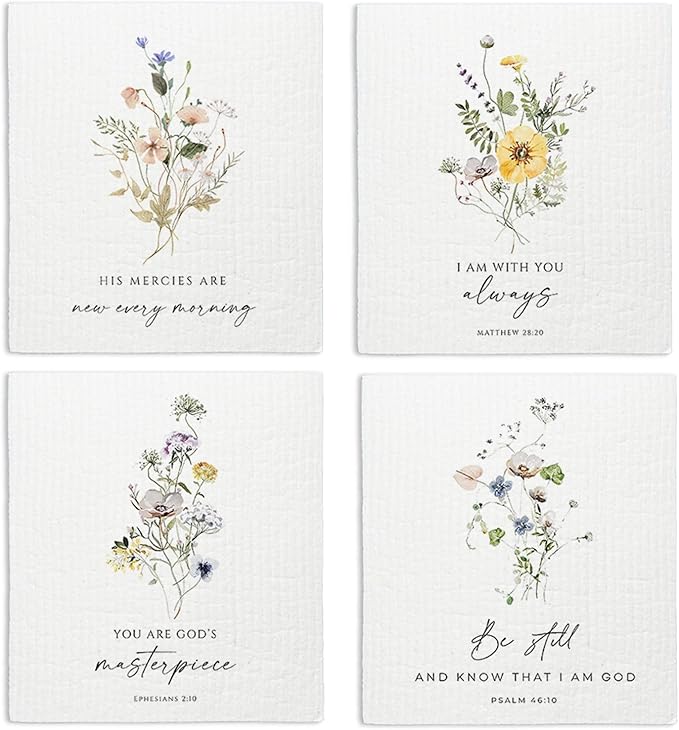Christian Swedish Dishcloths for Kitchen, Floral Swedish Dish Towels, Scripture Kitchen Towels, Papaya Reusable Paper Towels, 4 Pack Swedish Dish Cloths for Kitchen, Sponge Cloths
