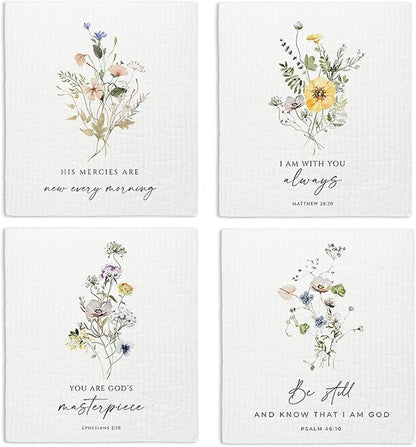Christian Swedish Dishcloths for Kitchen, Floral Swedish Dish Towels, Scripture Kitchen Towels, Papaya Reusable Paper Towels, 4 Pack Swedish Dish Cloths for Kitchen, Sponge Cloths