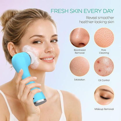 VOYOR Facial Cleansing Brush Rechargeable, Spin Face Brush Waterproof 5-in-1 Body Brush Set for Deep Skin Cleansing, Gentle Exfoliating and Massaging FB500 (Blue)