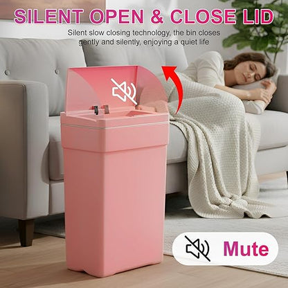 PayLessHere 13 Gallon 50 L Trash Can with Lid Plastic Kitchen Trash Bin Automatic Touch Free Motion Sensor Trash Can (3, Pink)