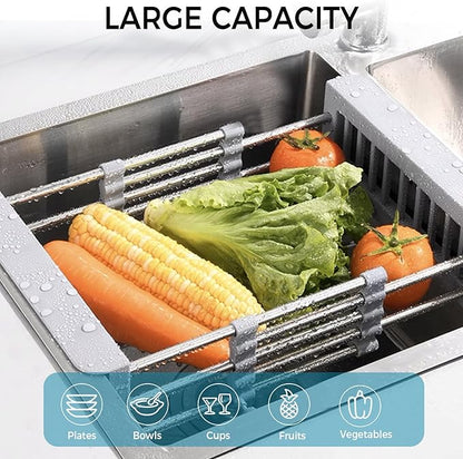 COVRA Stainless Steel Over-Sink Dish Drying Rack – Versatile Kitchen Organizer for 11″–19″ Square Sinks – Effortless Drying for Dishes, Fruits & Vegetables (Gray)