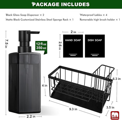 GMISUN Dish Soap Dispenser for Kitchen, 12 fl oz / 350 ml Dual Kitchen Soap Dispensers with Sponge Holder, Transparent Black Glass Kitchen Soap Dispenser Set, Modern Hand and Dish Soap Bottle Set