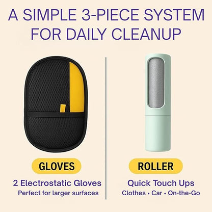Jaxabby Products Reusable Pet Hair Cleanup Kit – 3-Piece Fabric Hair Remover Set for Clothes, Furniture & Car Interiors – Washable Reusable Lint Roller Alternative (Pastel Green)