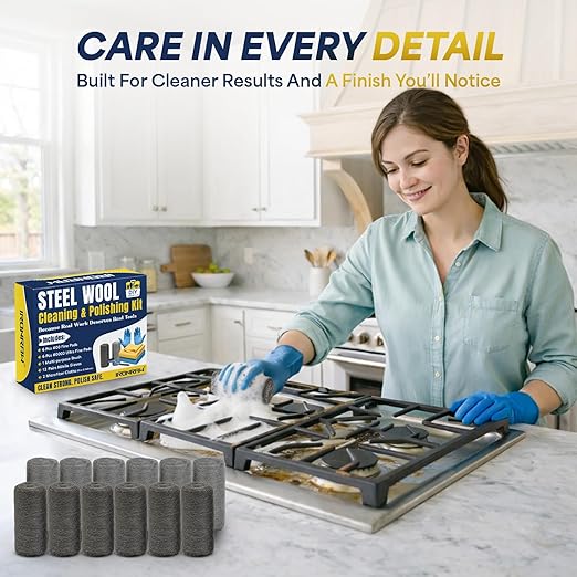 Steel Wool Cleaning & Polishing Kit, 6Pcs 00 & 6Pcs 0000 Steel Wool Pads with Brush, 2 Microfiber Cloths & 12 Pairs Nitrile Gloves, 0000 Steelwool for Wood, Metal, Cookware, Grill & Tools