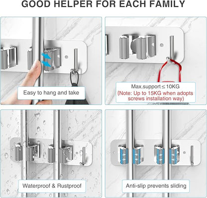 homeasy Wall Mount Mop and Broom Holder, Heavy Duty Stainless Steel Organizer Rack with Hooks | 2-Pack, 2-in-1 No Drill & Screw Installation, Silver