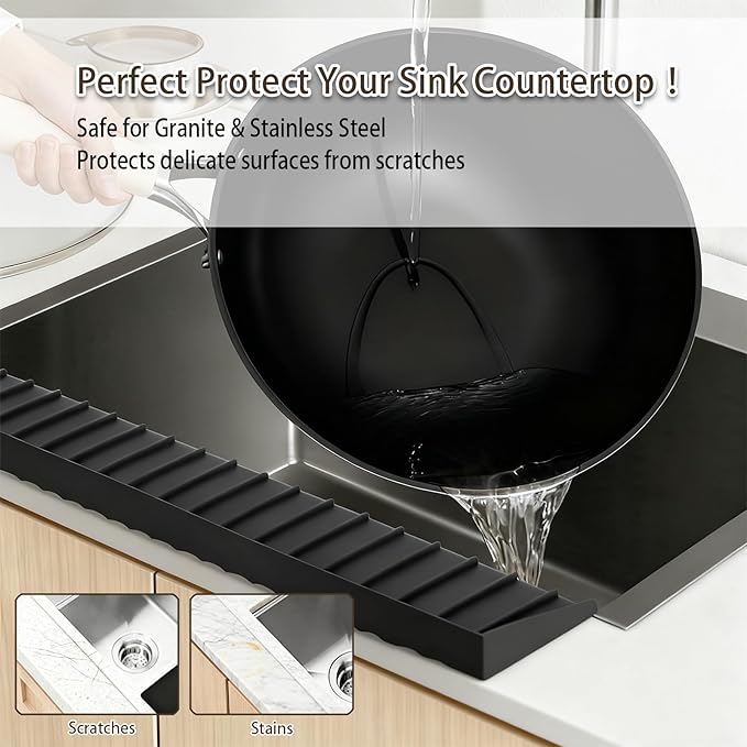 Silicone Sink Edge Protector with Suction Cup 4" x 24",Kitchen Sink Splash Guard for Kitchen, Bathroom Sink, Steel, Granite, Quartz Countertops,Multifuctional Sink Accessories (Black)