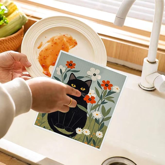 Cat Swedish Dishcloths for Kitchen, Papaya Reusable Paper Towels, 4 Pack Dish Towels for Kitchen, Swedish Dish Cloths, Reusable Paper Towels Washable